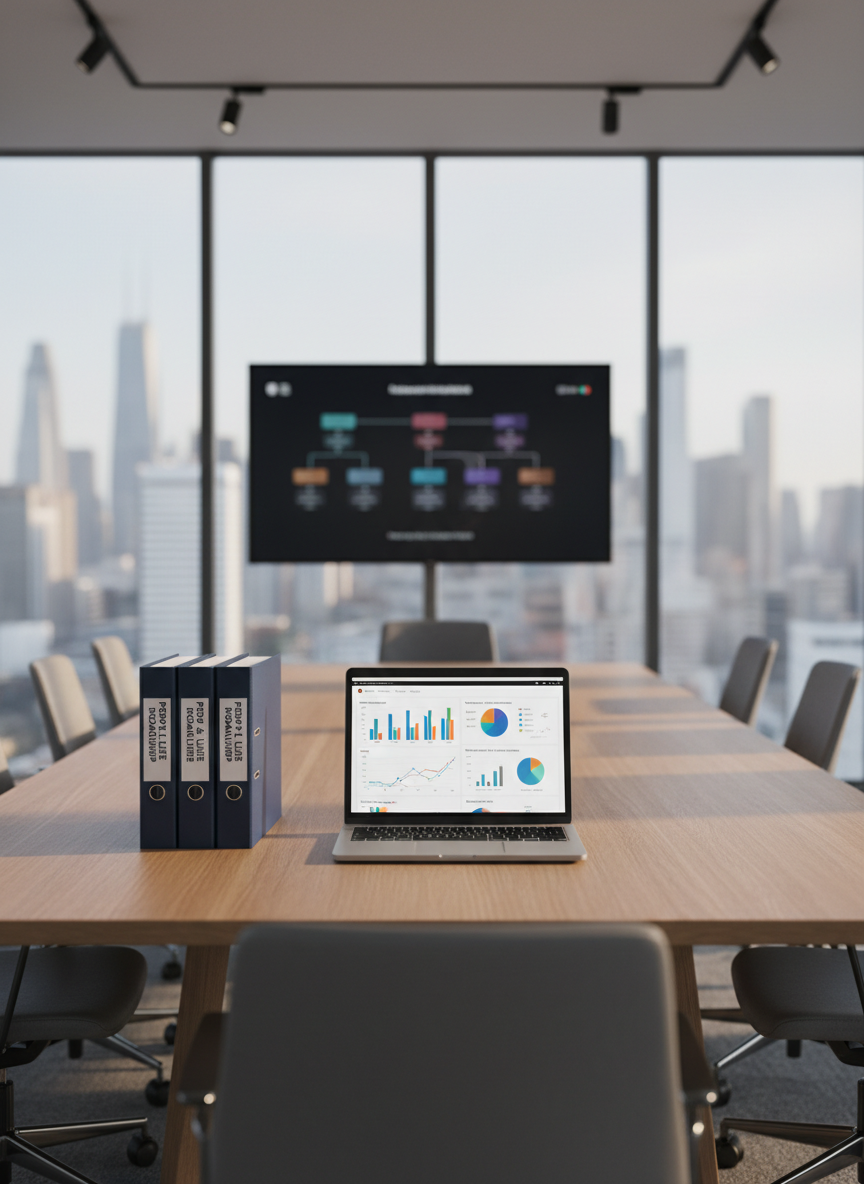 A sleek, glass-walled executive meeting room with a long, matte oak conference table as the central focus, topped with a single open laptop displaying a colorful HR analytics dashboard and neatly stacked, navy-blue strategy folders titled “People & Culture Roadmap.” The room overlooks a modern city skyline through floor-to-ceiling windows. Soft afternoon natural light pours in, creating gentle reflections on the table and subtle shadows along the chairs. A large, blurred digital screen in the background shows an abstract org-chart. Photographic realism, clean and modern aesthetic, shot at eye level with a shallow depth of field that keeps the table and documents in sharp focus. The atmosphere is professional, focused, and quietly powerful, conveying strategic HR decision-making and organizational transformation without any human presence.