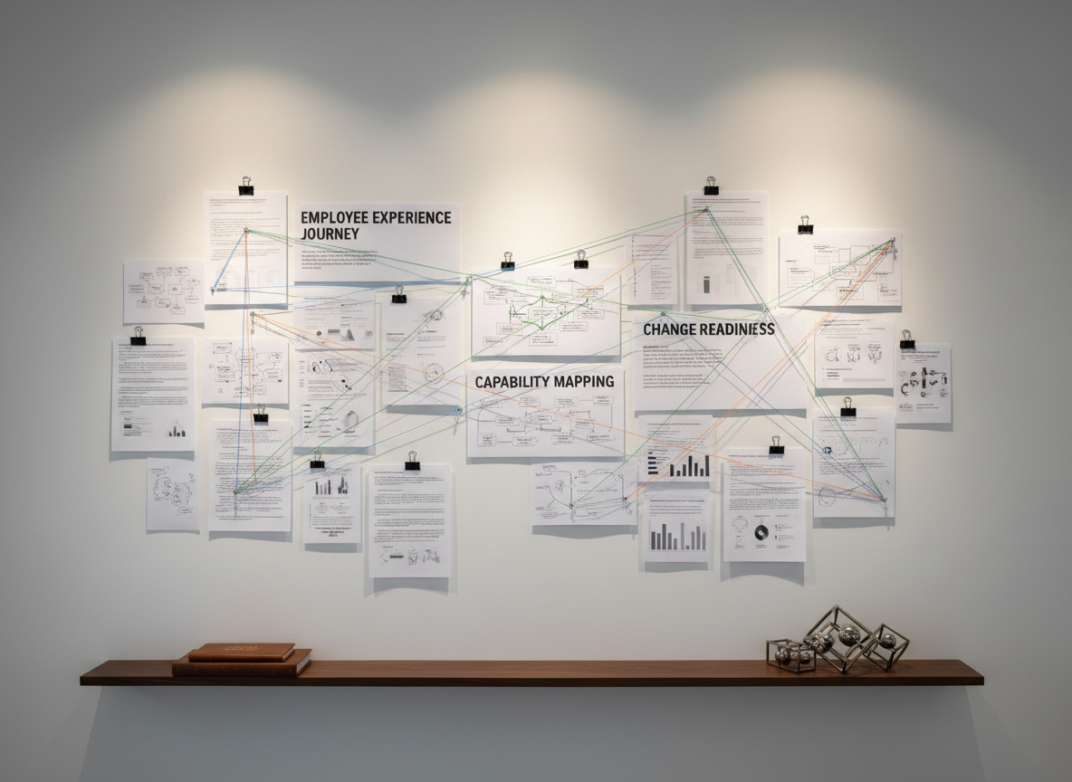 A sophisticated HR “war room” strategy wall, featuring a wide expanse of matte white surface covered with neatly arranged printed documents, mind maps, and minimalist infographics secured by black binder clips. Headings like “Employee Experience Journey,” “Capability Mapping,” and “Change Readiness” appear on key pages, interlinked with thin colored string creating visual pathways. A narrow floating shelf below holds a closed leather-bound strategy book embossed with “People & Culture,” alongside a geometric metal sculpture symbolizing interconnected teams. Soft, warm spotlighting from above highlights the center of the wall and gently fades toward the edges, creating depth and focus. Photographic realism, shot straight-on with sharp detail throughout. The atmosphere is highly intentional, analytical, and quietly intense, conveying deep strategic thinking, transformation planning, and the complexity of human systems in organizations.