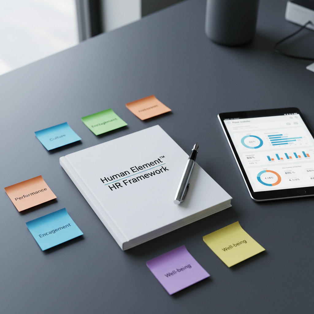 A close-up, overhead photographic view of a meticulously organized HR strategy workspace, featuring a charcoal-gray desk surface with a crisp white notebook labeled “Human Element™ HR Framework,” color-coded sticky notes with keywords like “Culture,” “Performance,” and “Engagement,” and a silver fountain pen resting diagonally across the page. Beside the notebook sits a slim tablet displaying a sophisticated people-analytics dashboard with charts and metrics. Cool, diffused daylight from an unseen side window creates soft, even lighting and delicate shadows around each object. The background edges gently blur, keeping attention on the tools of strategy. The composition follows the rule of thirds, emphasizing clarity and structure. The mood is analytical yet calm, reinforcing professionalism, intentional design, and the precision of HR strategy work.