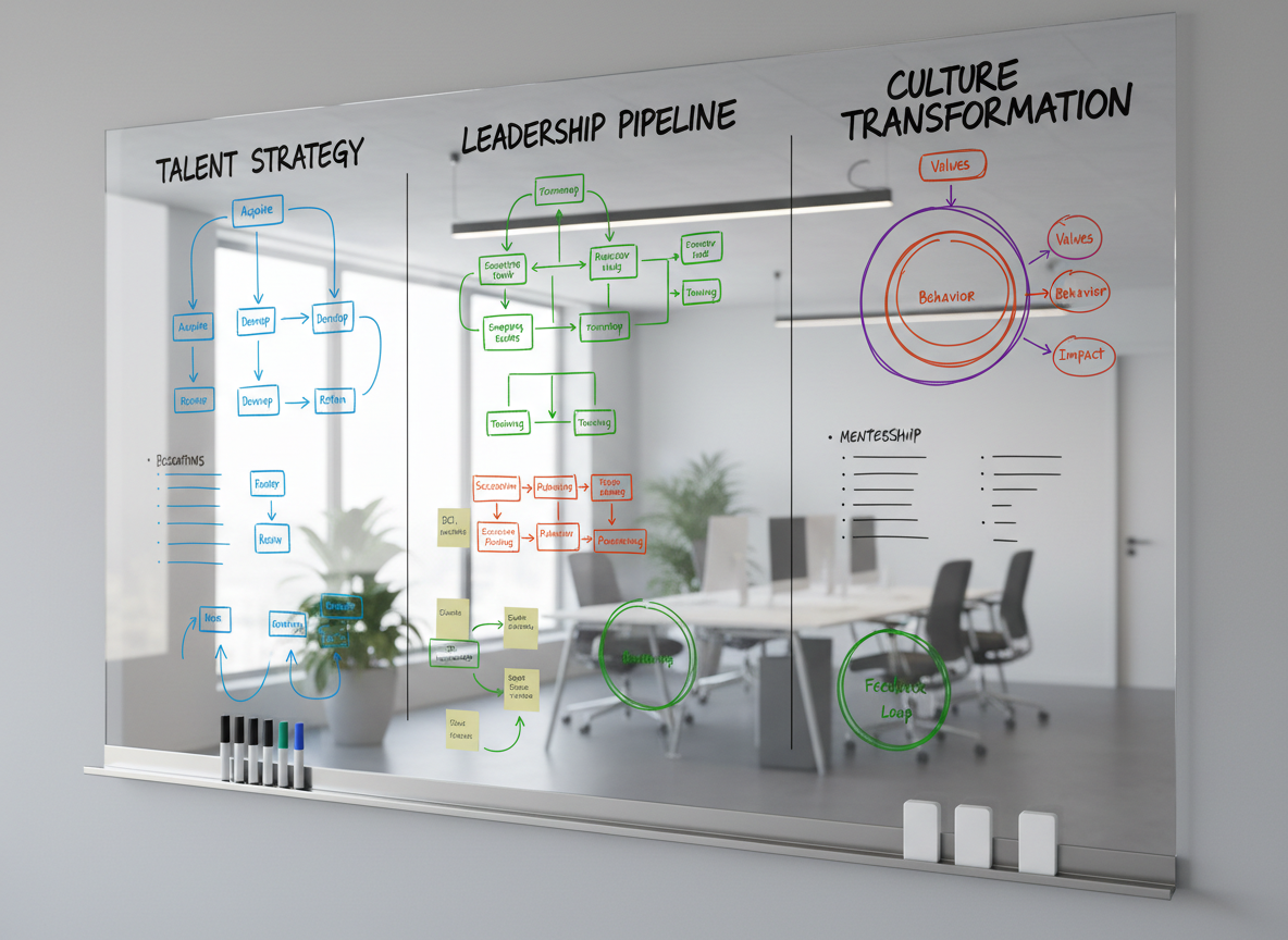 A large, wall-mounted glass board in a contemporary office, filled with neatly drawn organizational diagrams, color-coded flowcharts, and clearly written headings such as “Talent Strategy,” “Leadership Pipeline,” and “Culture Transformation.” Several magnetic markers and minimalistic white erasers rest on a slim metal ledge at the bottom of the board. The surrounding space features neutral-toned walls and a subtle glimpse of a modern office beyond, softly blurred. Cool, balanced overhead lighting and indirect daylight produce a clean, shadow-free environment with crisp reflections on the glass surface. Captured from a slightly angled, eye-level perspective in photographic realism, the composition emphasizes the board as the central storytelling tool. The overall mood is forward-thinking, structured, and strategic, visually representing sophisticated HR planning and organizational design without any people in the scene.